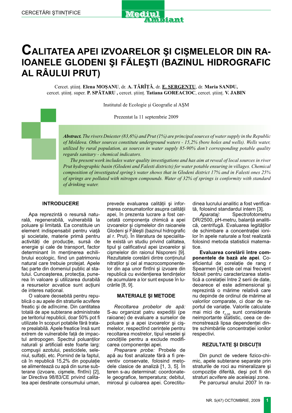 Calitatea Apei Izvoarelor Şi Cişmelelor Din Ra- Ioanele Glodeni Şi Făleşti (Bazinul Hidrografic Al Râului Prut)