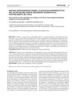Nuevos Antecedentes Sobre La Ecología Reproductiva Del Picaflor Del Norte (Rhodopis Vesper) En El Centro-Norte De Chile