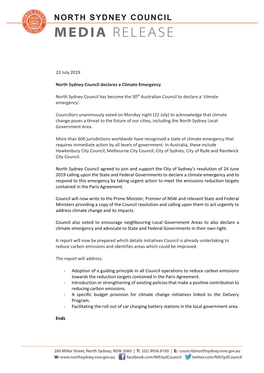 23 July 2019 North Sydney Council Declares a Climate Emergency