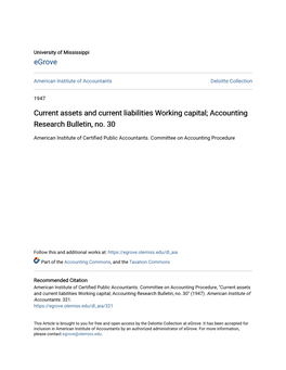 Current Assets and Current Liabilities Working Capital; Accounting Research Bulletin, No