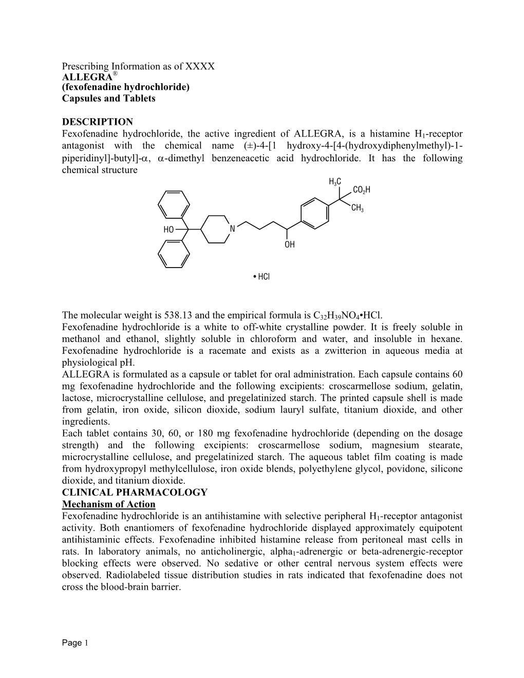 Fexofenadine Hydrochloride) Capsules and Tablets