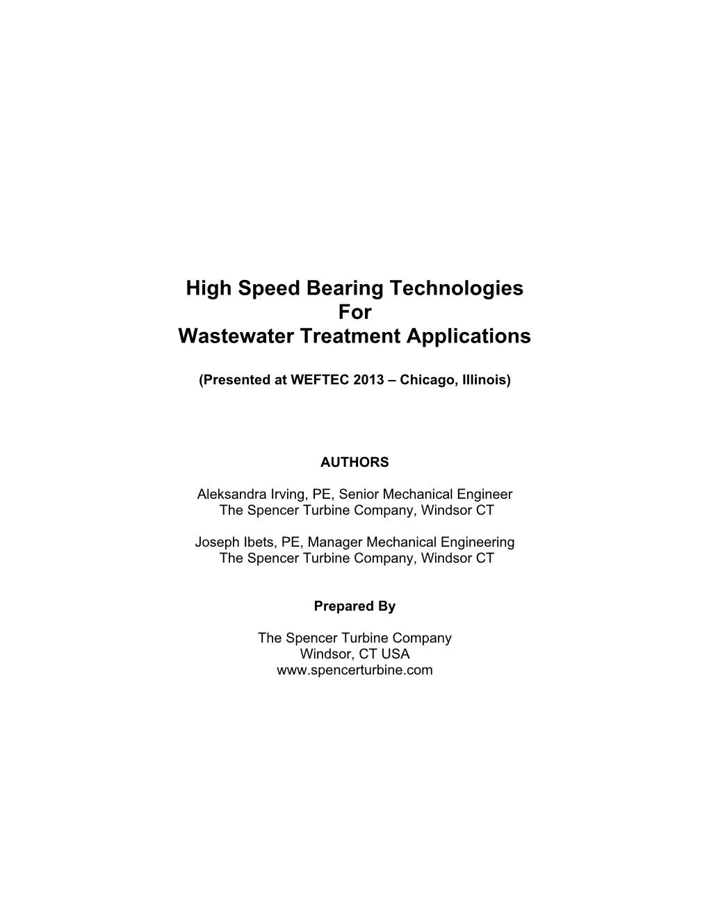 High Speed Bearing Technologies for Wastewater Treatment Applications