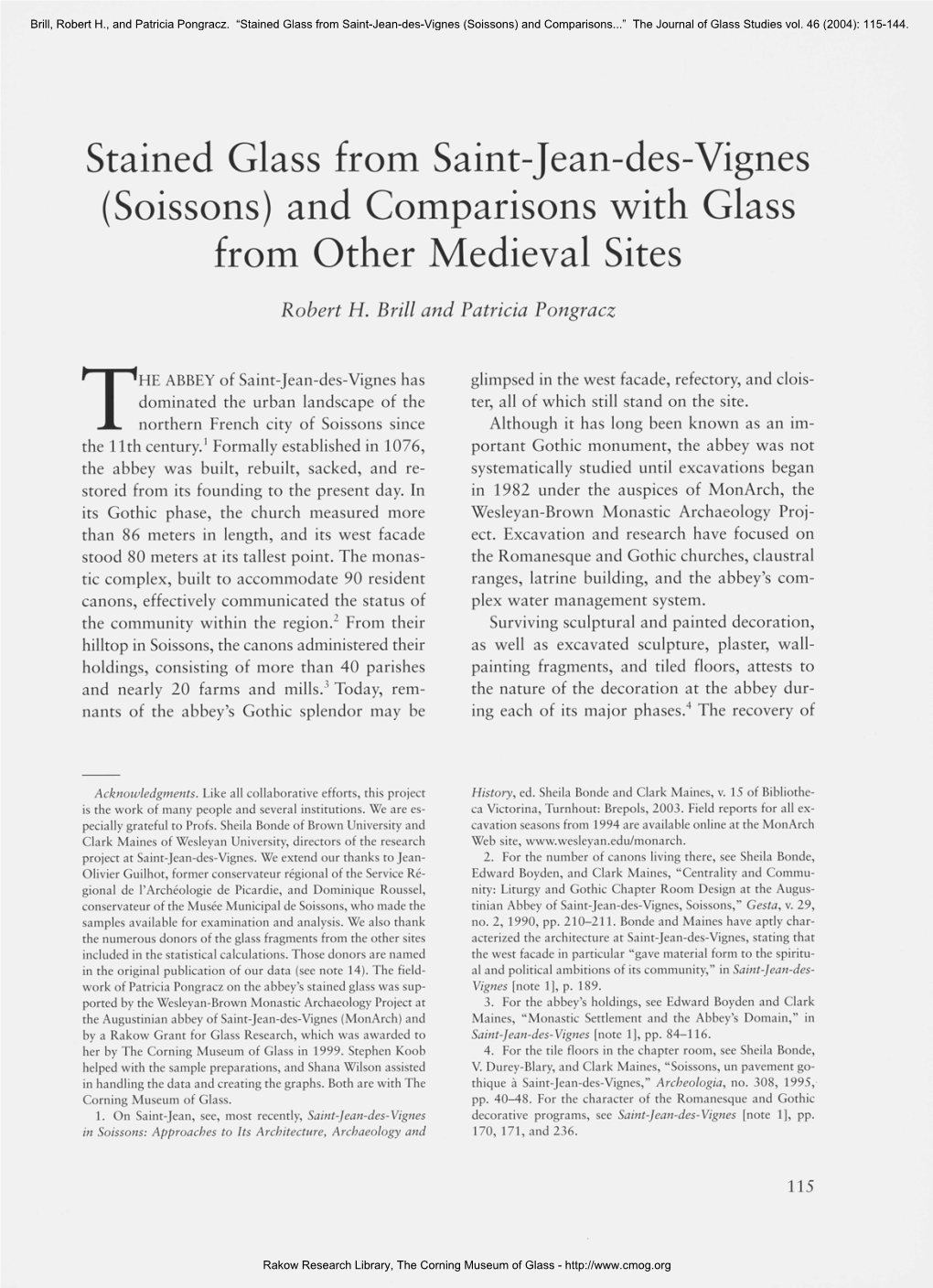 Stained Glass from Saint-Jean-Des-Vignes (Soissons) and Comparisons...” the Journal of Glass Studies Vol