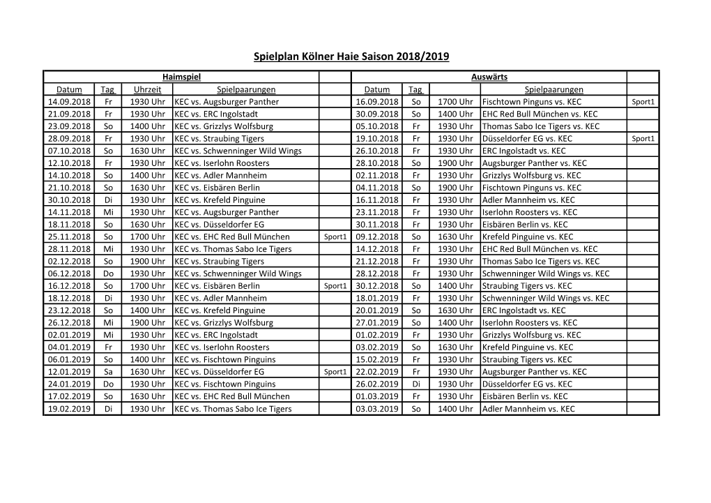 Spielplan Kölner Haie Saison 2018/2019