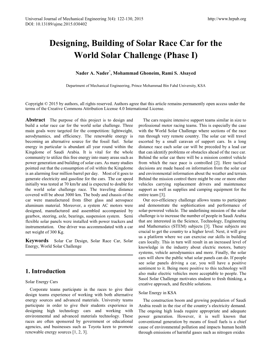 Designing, Building of Solar Race Car for the World Solar Challenge (Phase I)