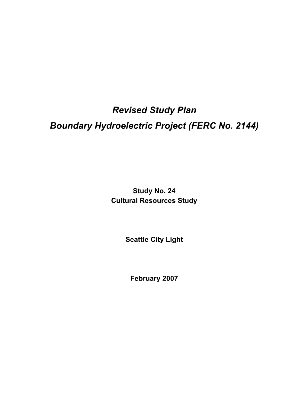 Revised Study Plan Boundary Hydroelectric Project (FERC No