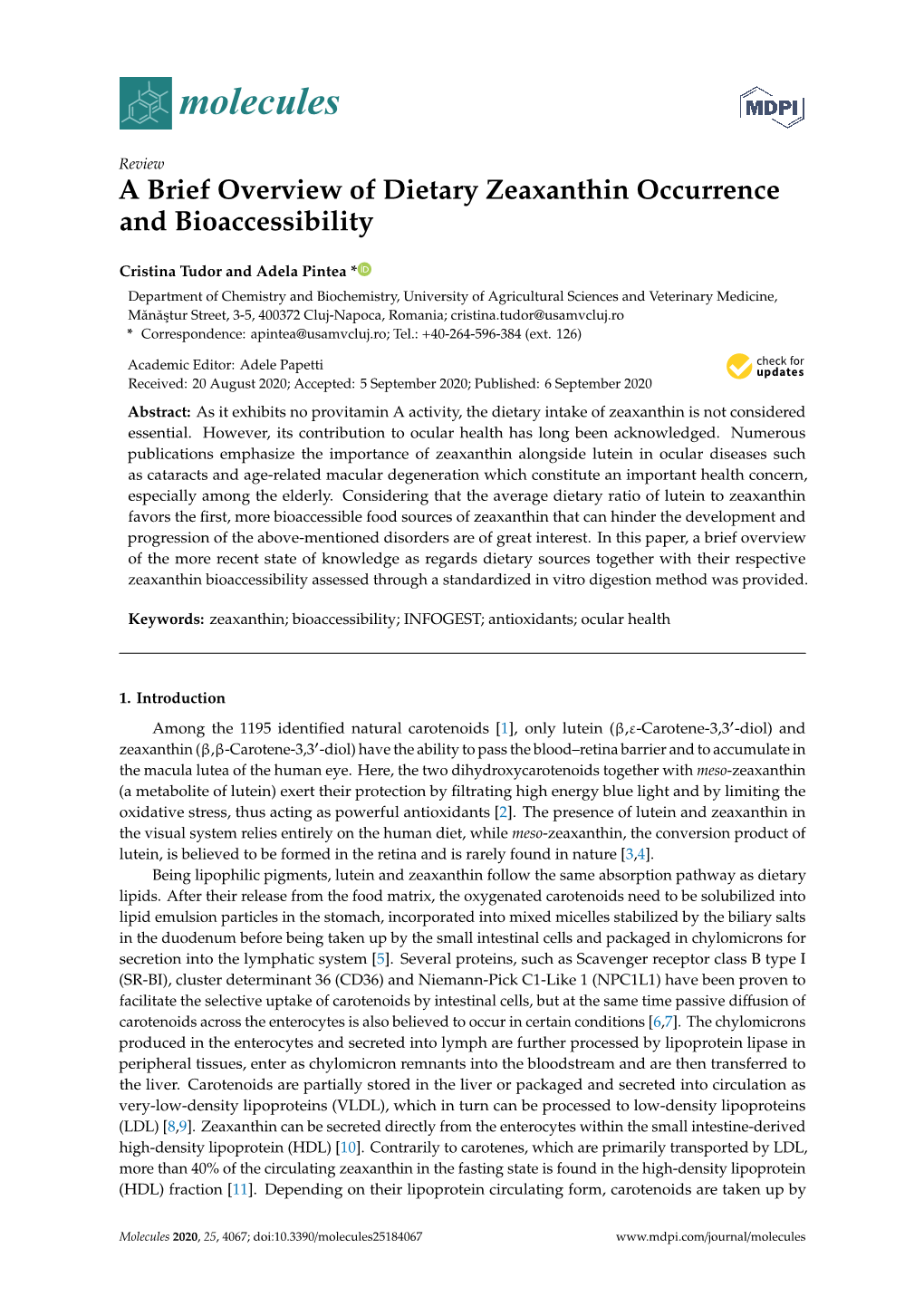 A Brief Overview of Dietary Zeaxanthin Occurrence and Bioaccessibility