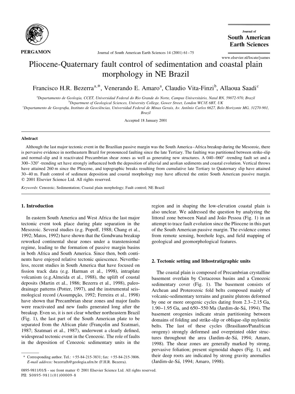 Pliocene-Quaternary Fault Control of Sedimentation and Coastal Plain Morphology in NE Brazil