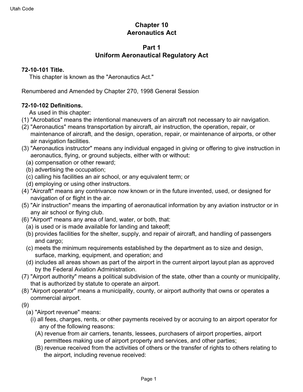 Chapter 10 Aeronautics Act Part 1 Uniform Aeronautical Regulatory