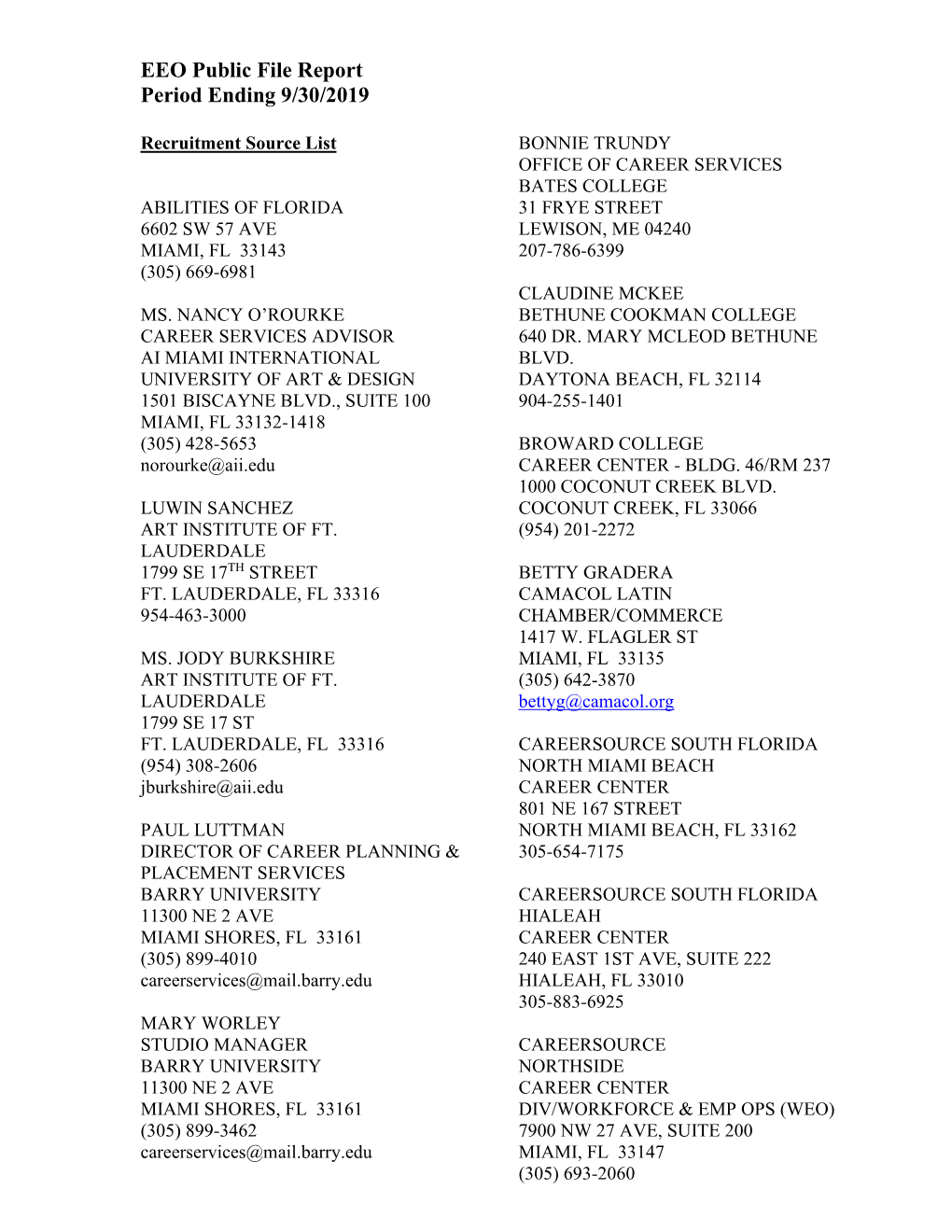 EEO Public File Report Period Ending 9/30/2019