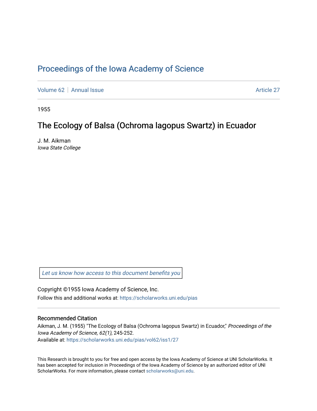 The Ecology of Balsa (Ochroma Lagopus Swartz) in Ecuador