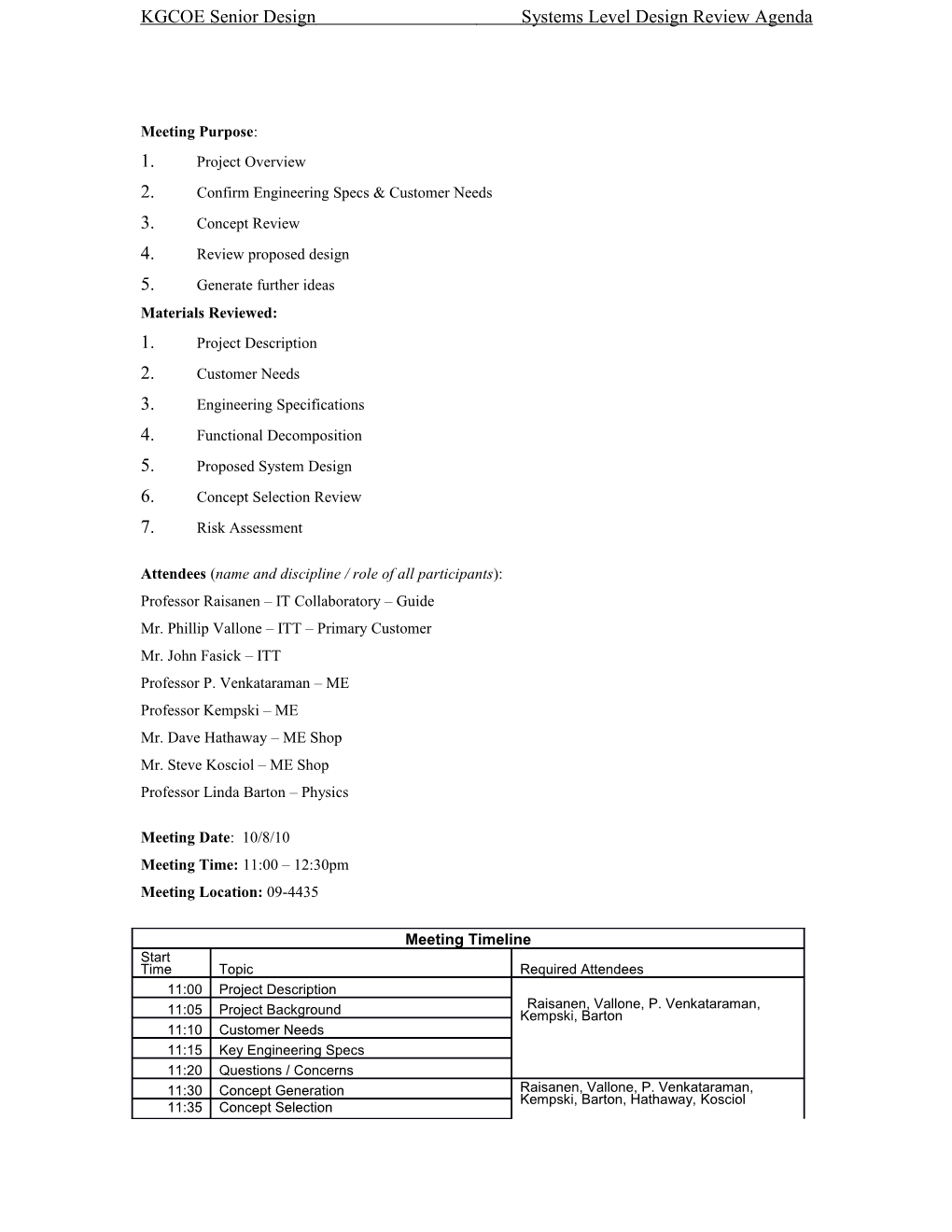 KGCOE Senior Design Systems Level Design Review Agenda