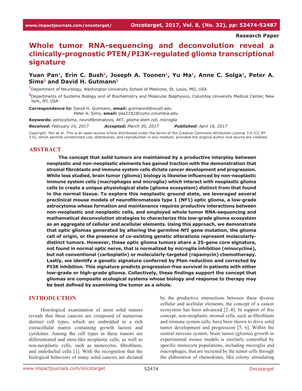 Whole Tumor RNA-Sequencing and Deconvolution Reveal a Clinically-Prognostic PTEN/PI3K-Regulated Glioma Transcriptional Signature