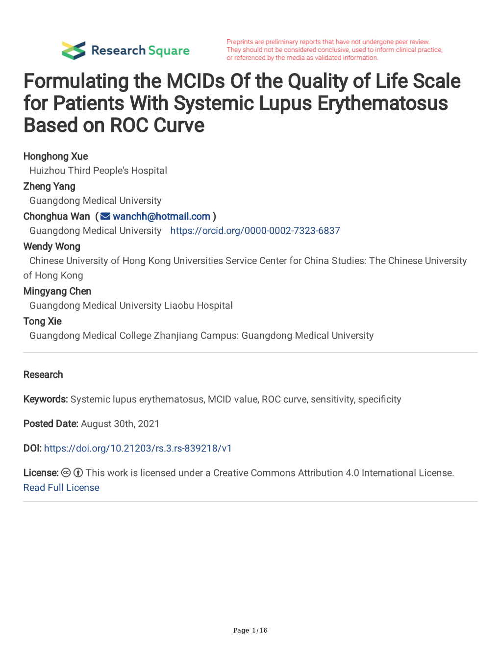 Formulating the Mcids of the Quality of Life Scale for Patients with Systemic Lupus Erythematosus Based on ROC Curve