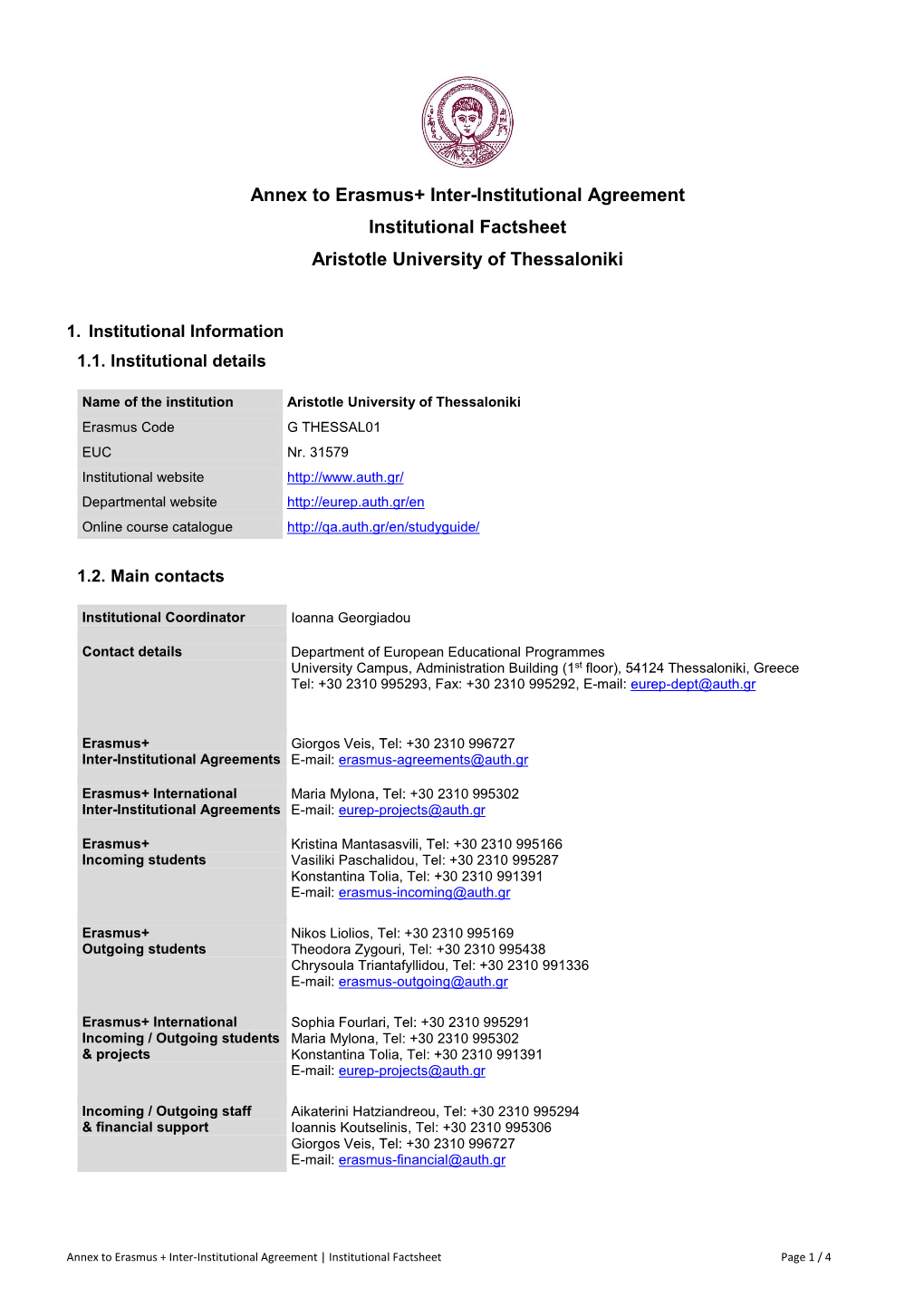 Annex to Erasmus+ Inter-Institutional Agreement Institutional Factsheet Aristotle University of Thessaloniki