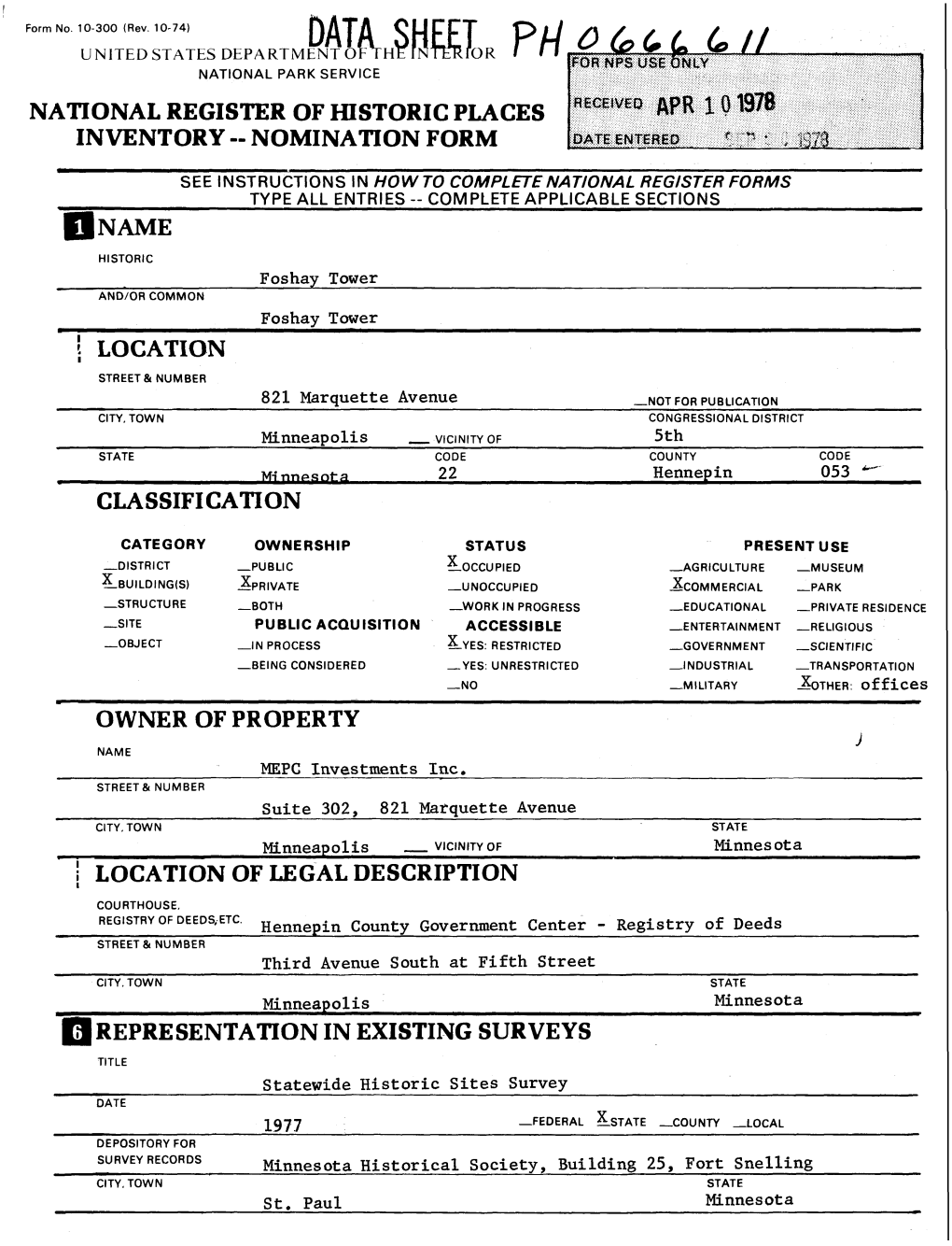 NATIONAL REGISTER of Fflstoric PLACES INVENTORY -- NOMINATION FORM