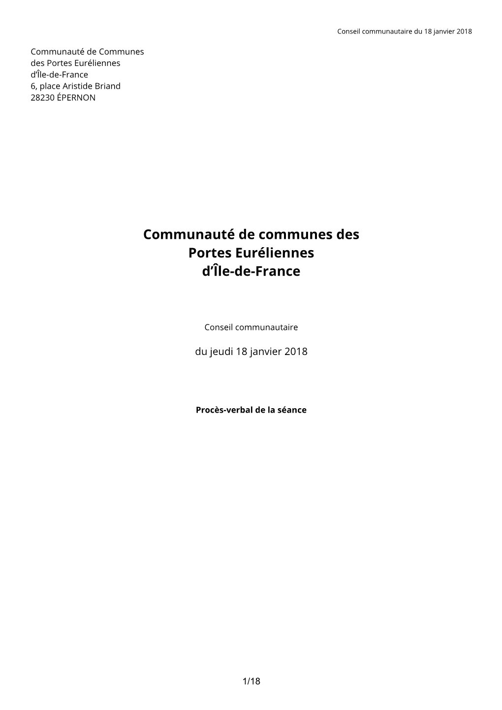 Conseil Communautaire Du 18 Janvier 2018