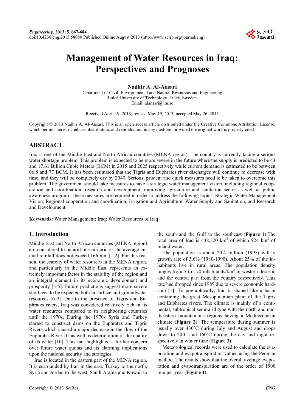 Management of Water Resources in Iraq: Perspectives and Prognoses