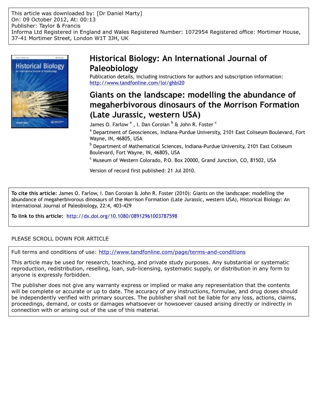 Modelling the Abundance of Megaherbivorous Dinosaurs of the Morrison Formation (Late Jurassic, Western USA) James O