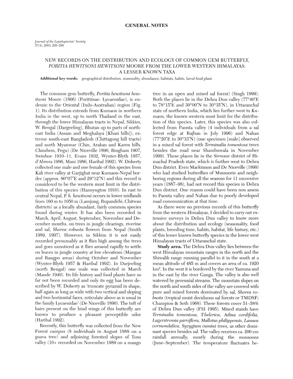 General Notes New Records O~ the Distribution and Ecology of Common Gem Butterfly, Poritia Hewitsoni Hewitsoni Moore from the Lo