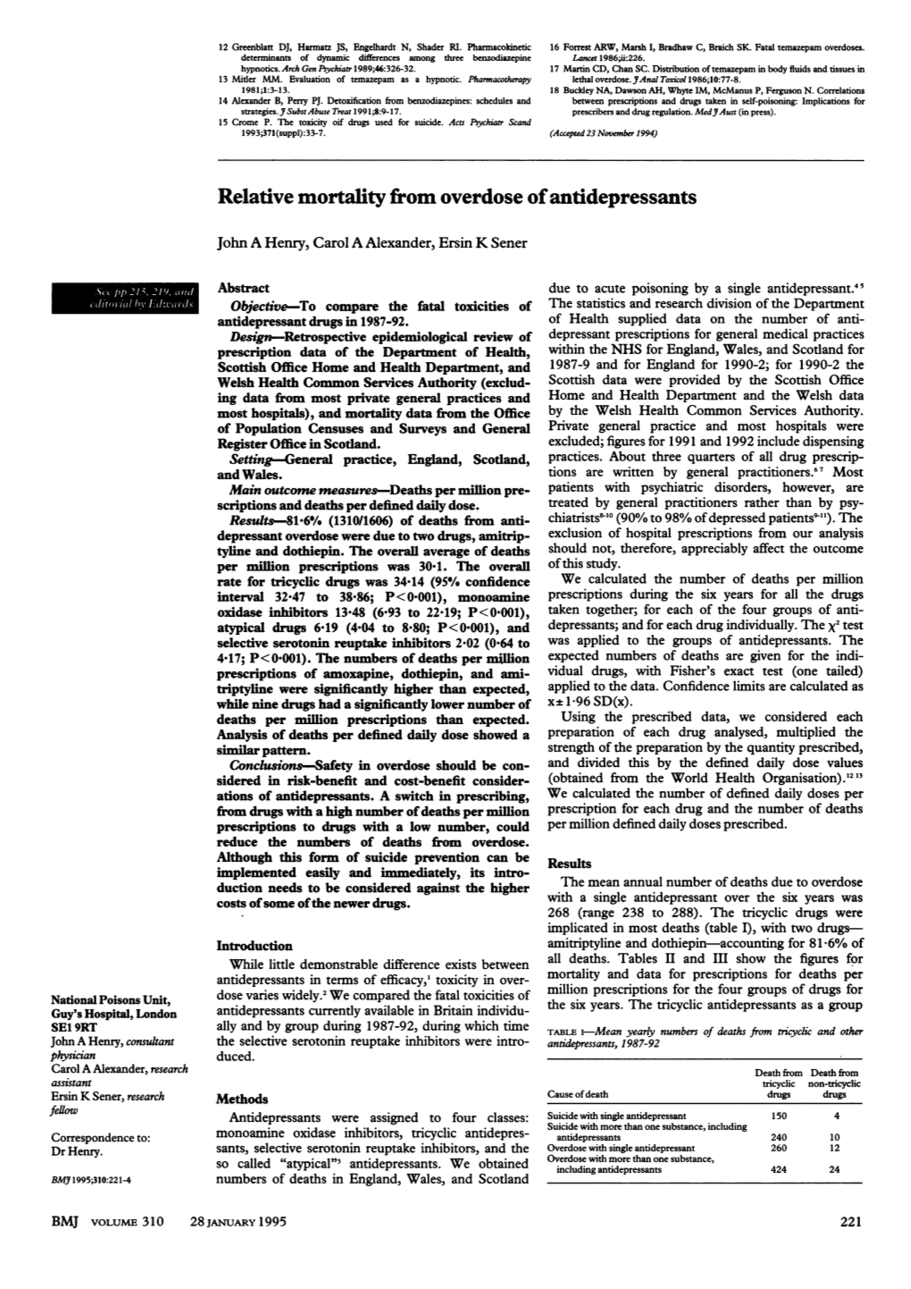 Relative Mortality from Overdose Ofantidepressants