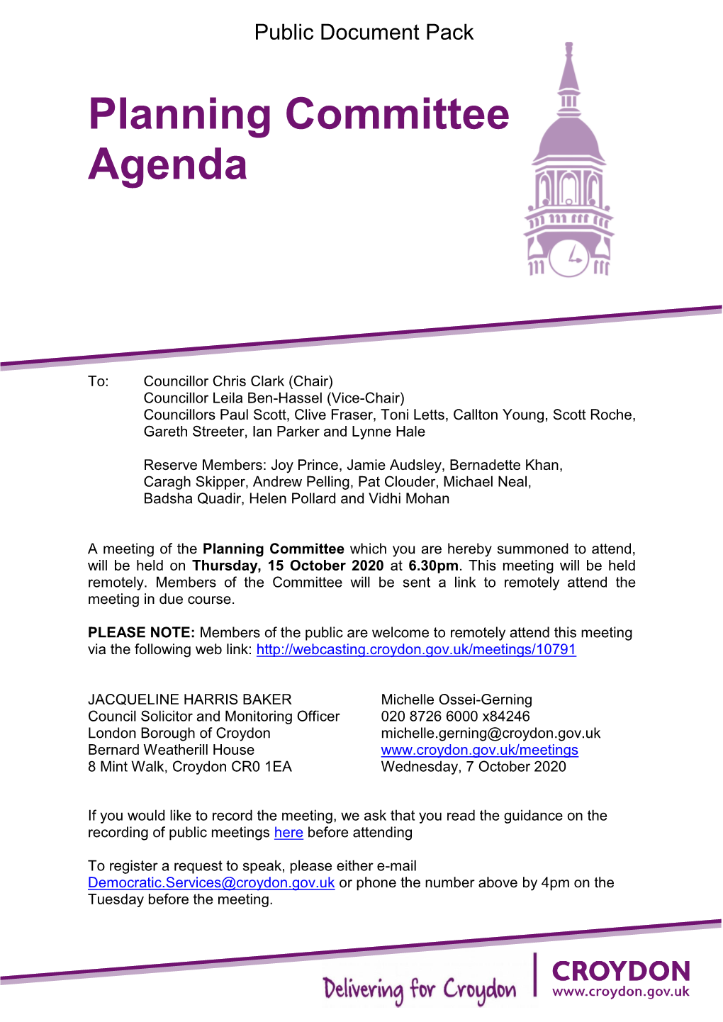 (Public Pack)Agenda Document for Planning Committee, 15/10/2020