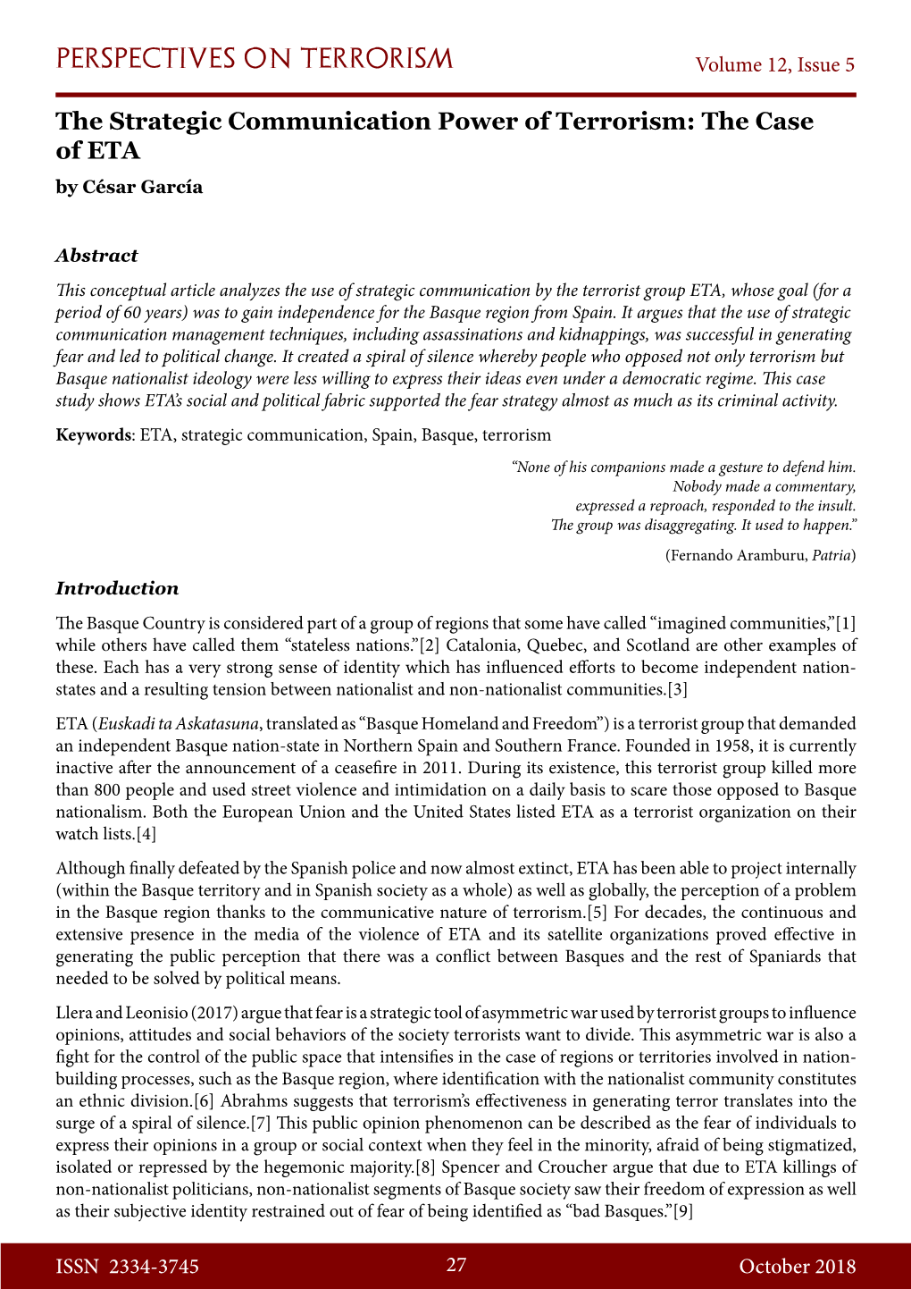 The Strategic Communication Power of Terrorism: the Case of ETA by César García