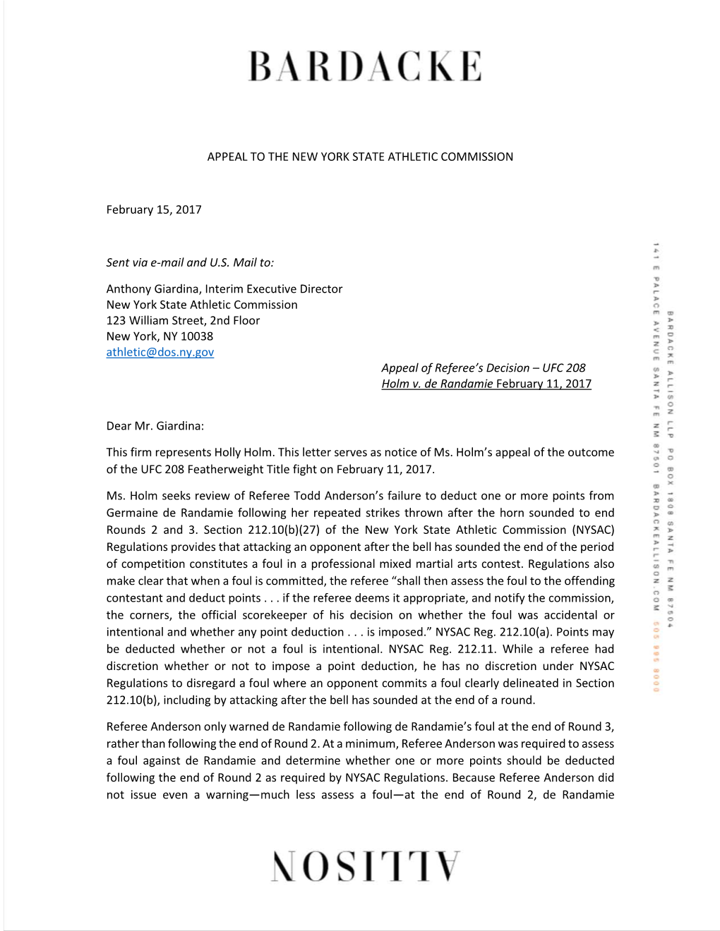 APPEAL to the NEW YORK STATE ATHLETIC COMMISSION February 15, 2017 Sent Via E-Mail and U.S. Mail To: Anthony Giardina, Interim