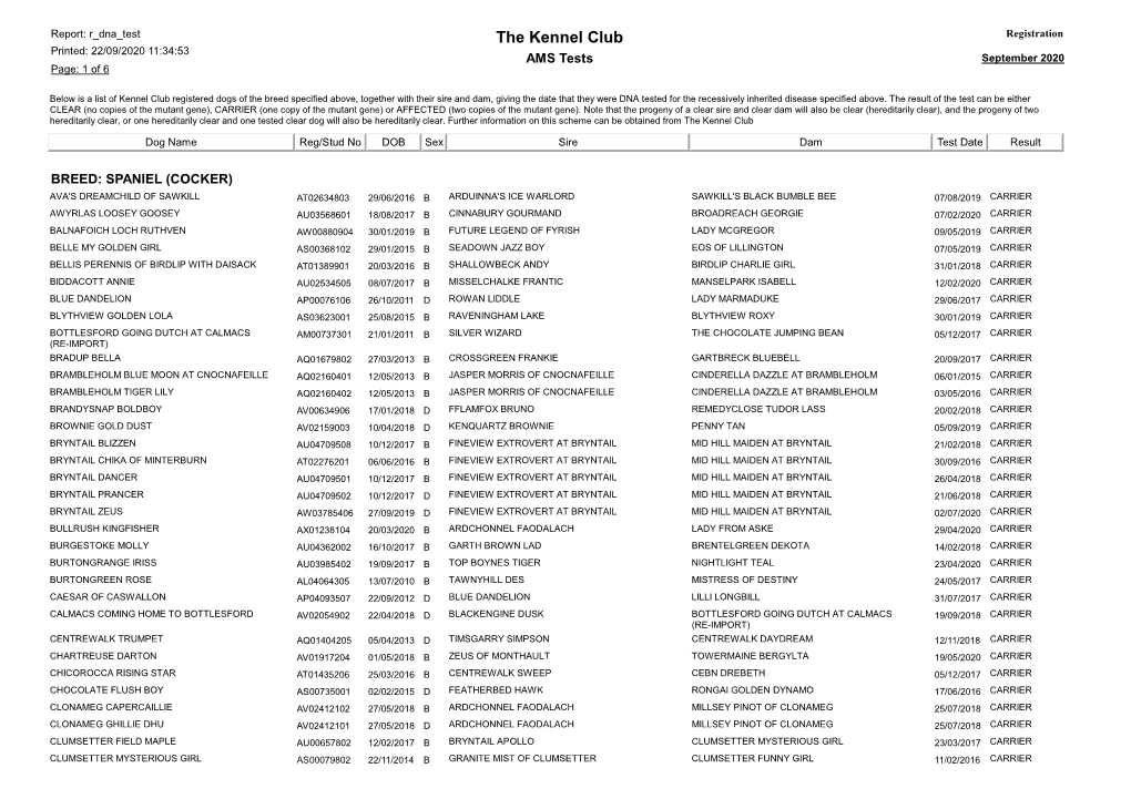 The Kennel Club Registration Printed: 22/09/2020 11:34:53 AMS Tests September 2020 Page: 1 of 6