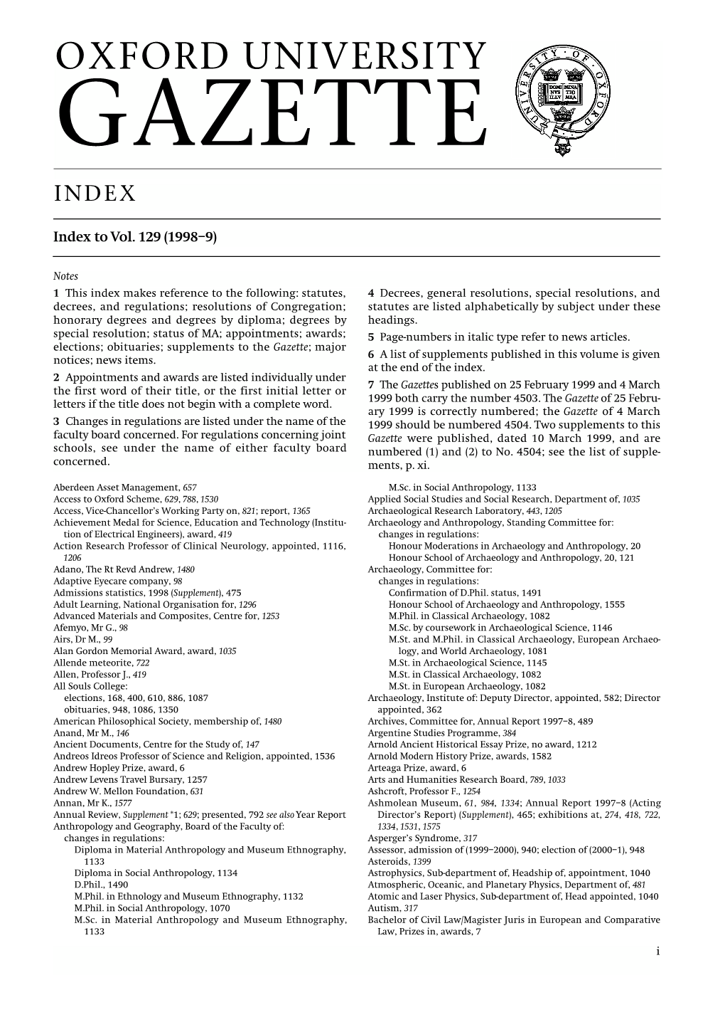 Gazette Index 1998-9