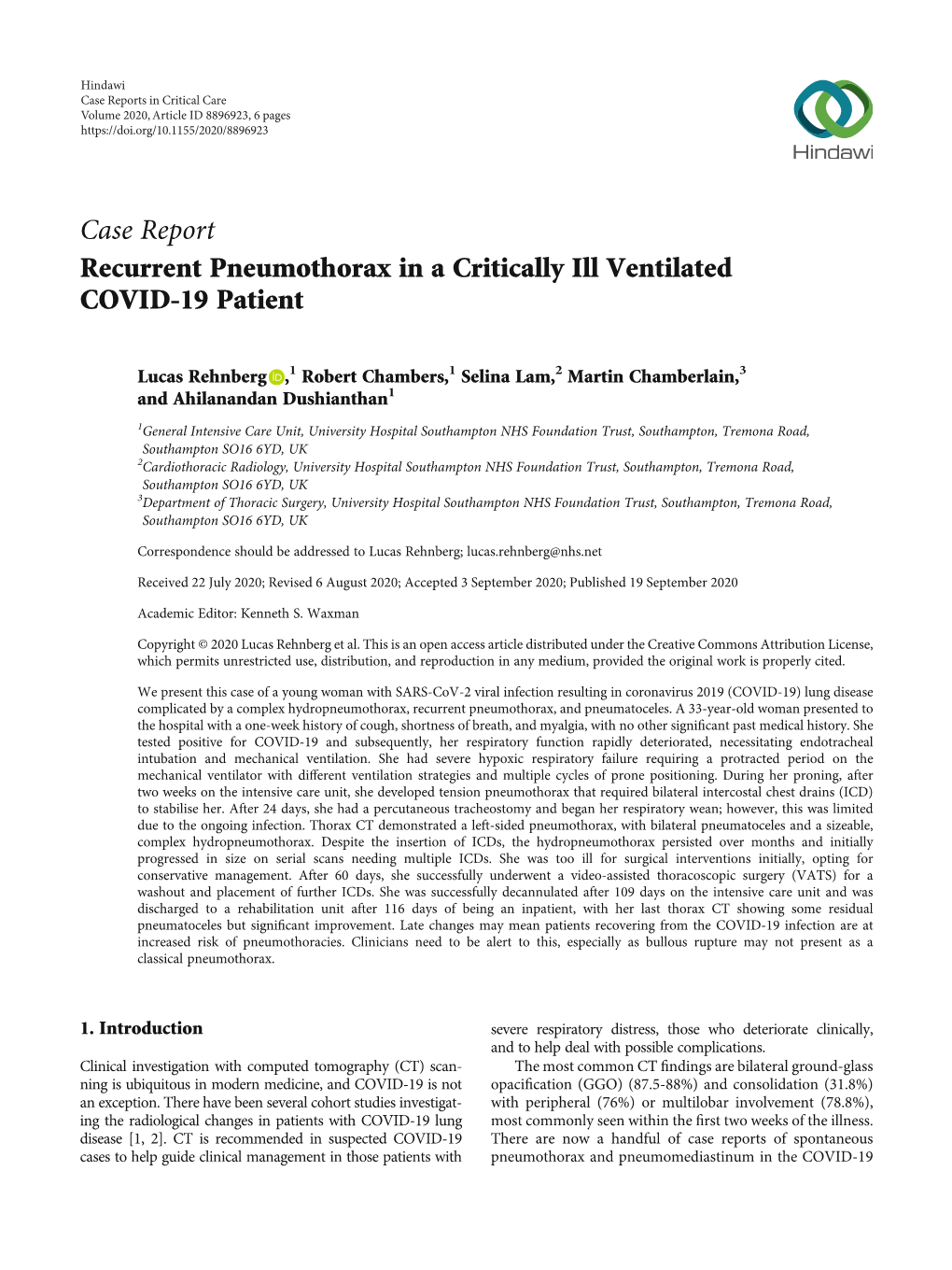 Case Report Recurrent Pneumothorax in a Critically Ill Ventilated COVID-19 Patient