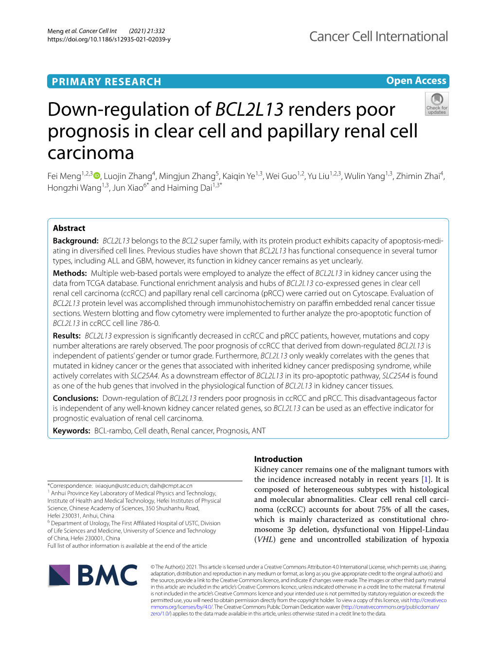 Down-Regulation of BCL2L13 Renders Poor Prognosis in Clear Cell And
