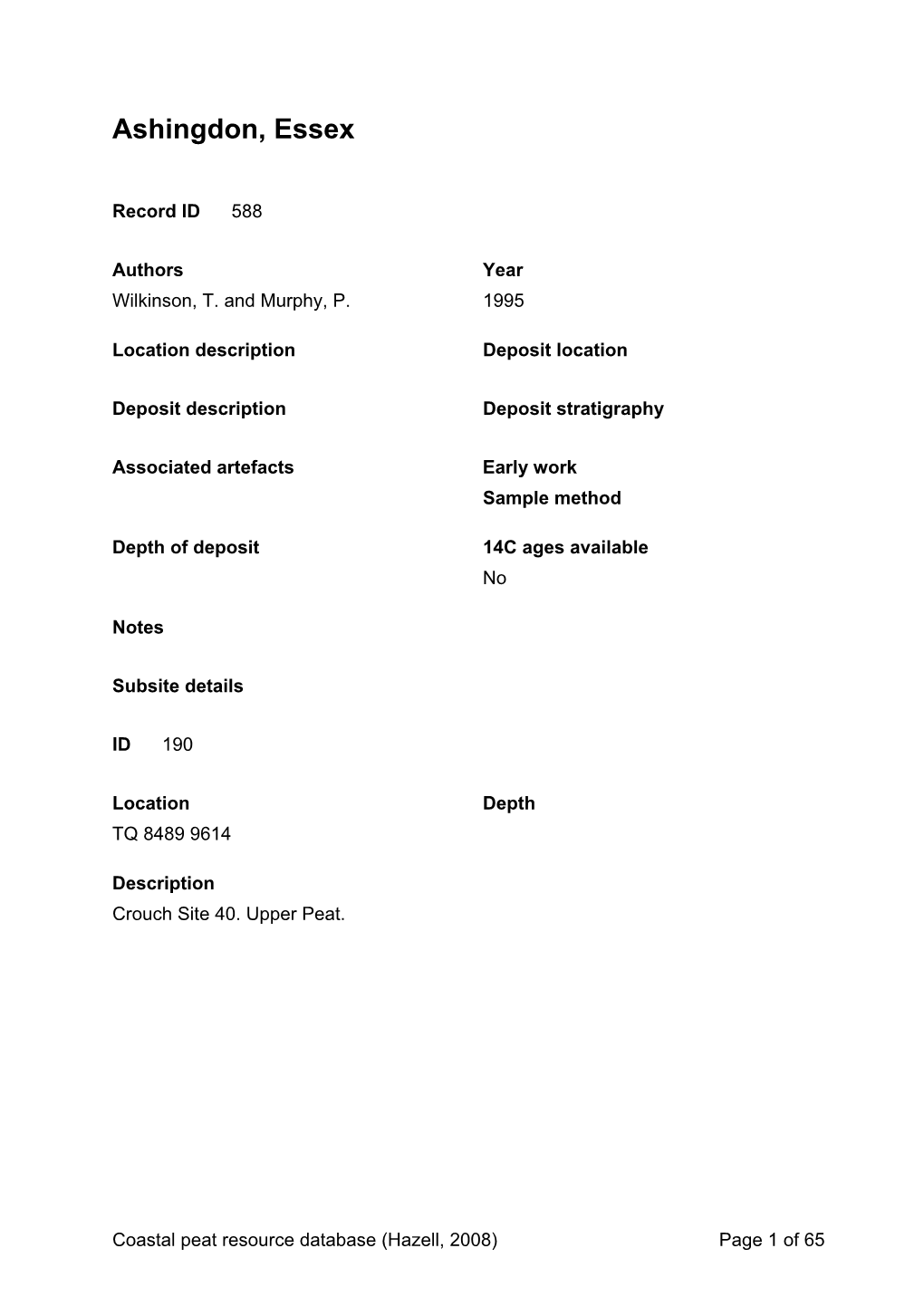 Peat Database Results Essex
