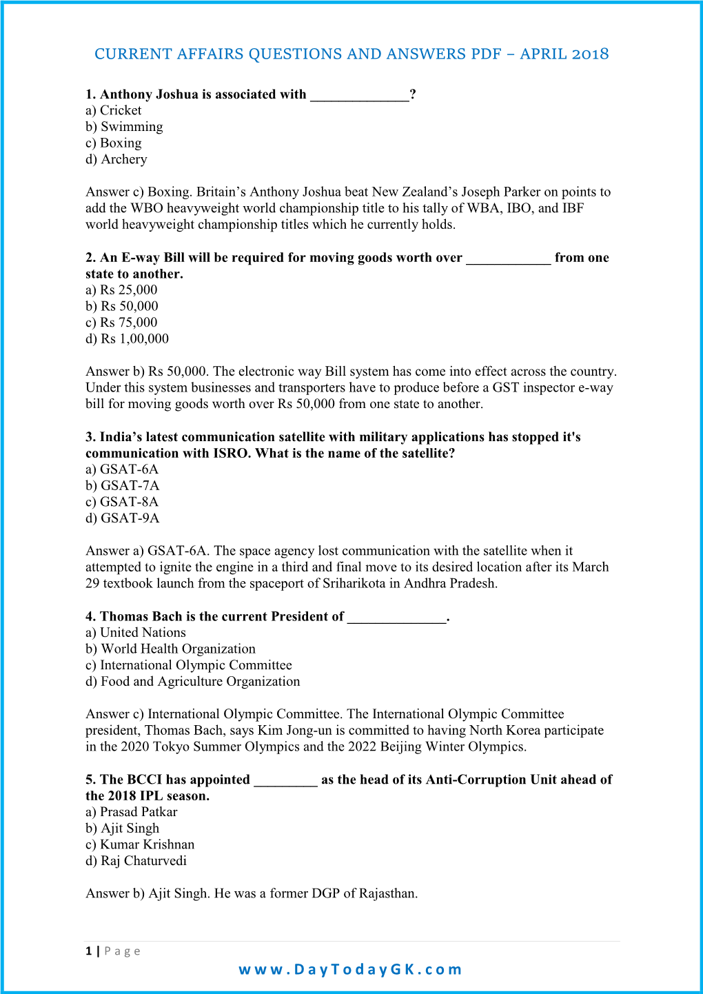 Current Affairs Questions and Answers Pdf – April 2018