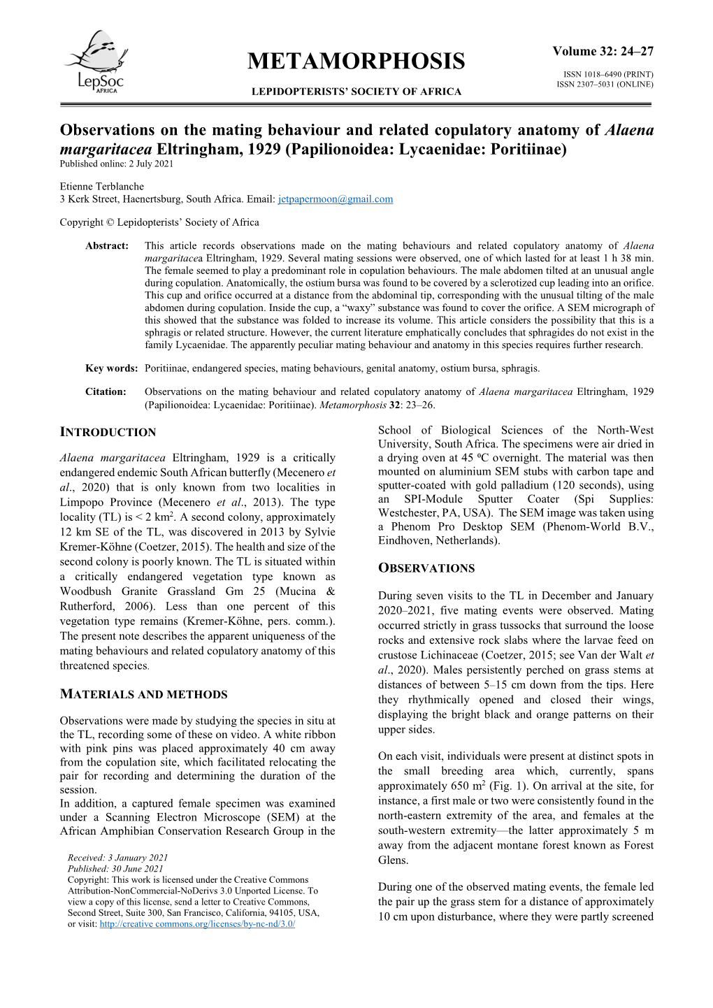 Metamorphosis Issn 1018–6490 (Print) Issn 2307–5031 (Online) Lepidopterists’ Society of Africa