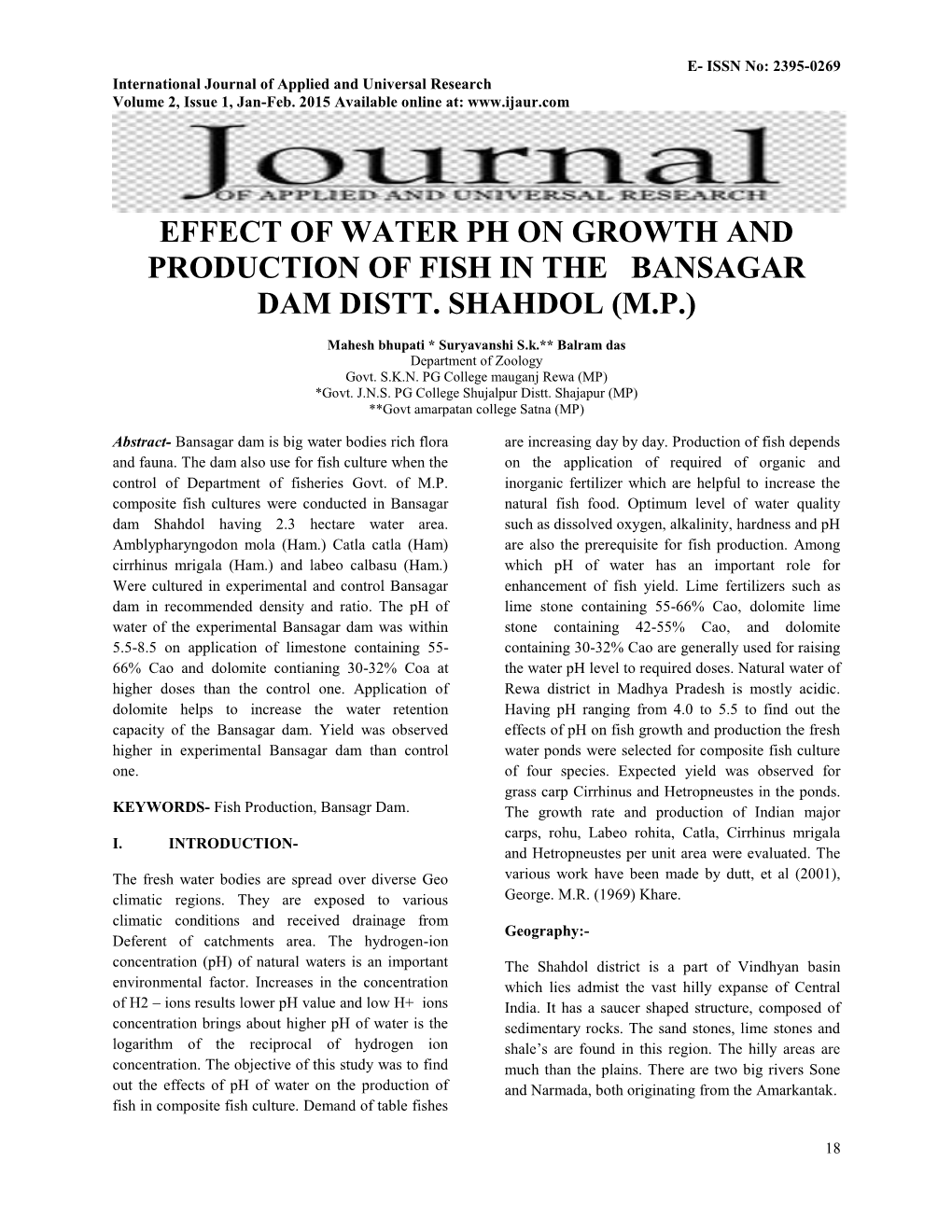 Effect of Water Ph on Growth and Production of Fish in the Bansagar Dam Distt