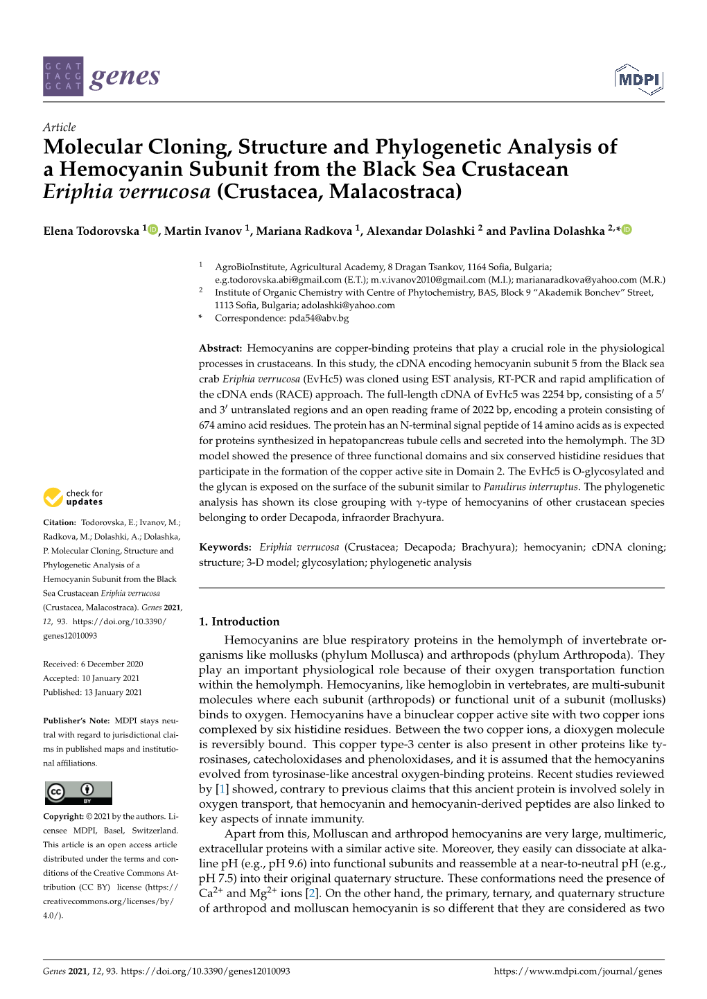 Molecular Cloning, Structure and Phylogenetic Analysis of a Hemocyanin Subunit from the Black Sea Crustacean Eriphia Verrucosa (Crustacea, Malacostraca)