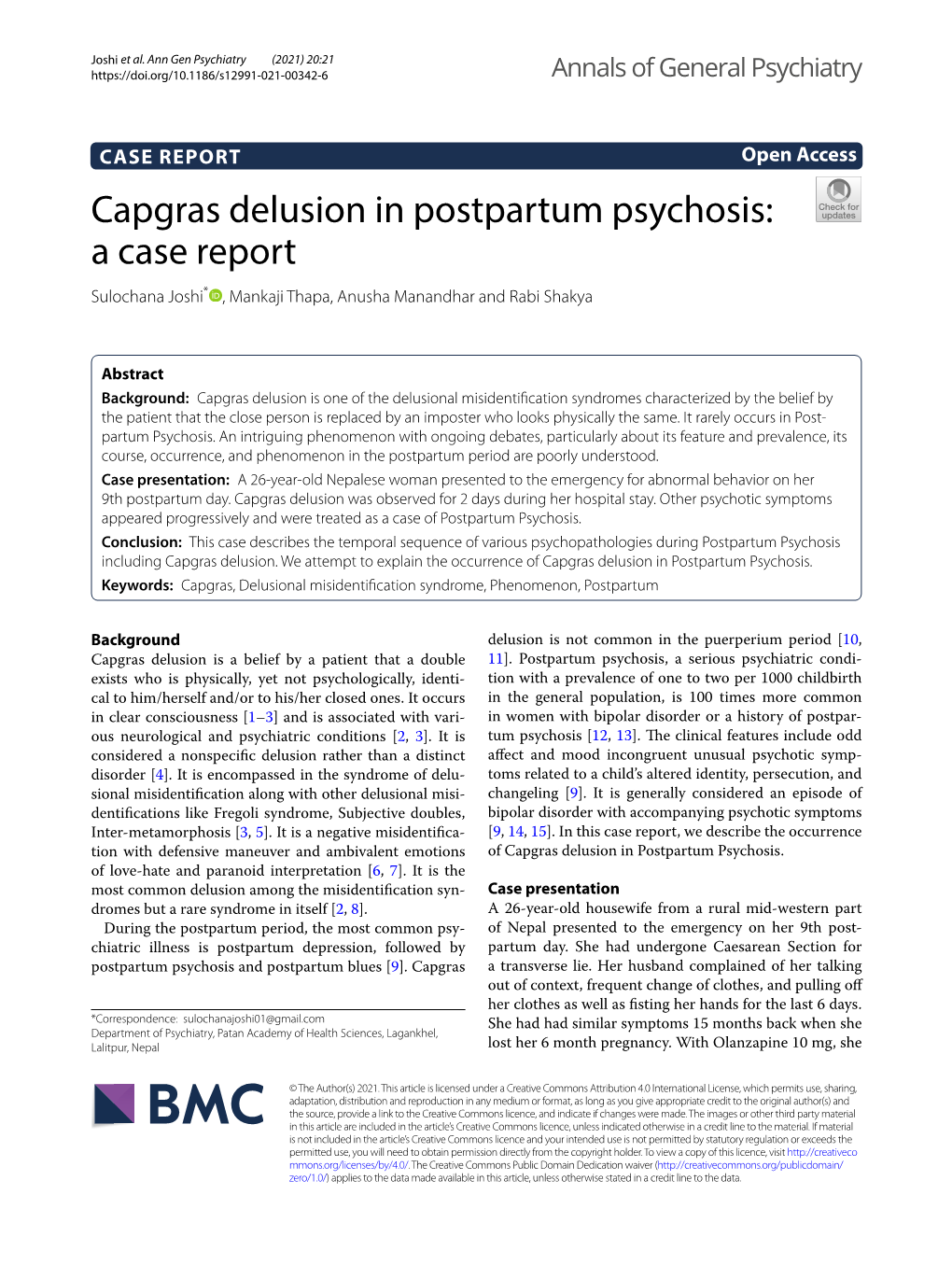 Capgras Delusion in Postpartum Psychosis: a Case Report Sulochana Joshi* , Mankaji Thapa, Anusha Manandhar and Rabi Shakya