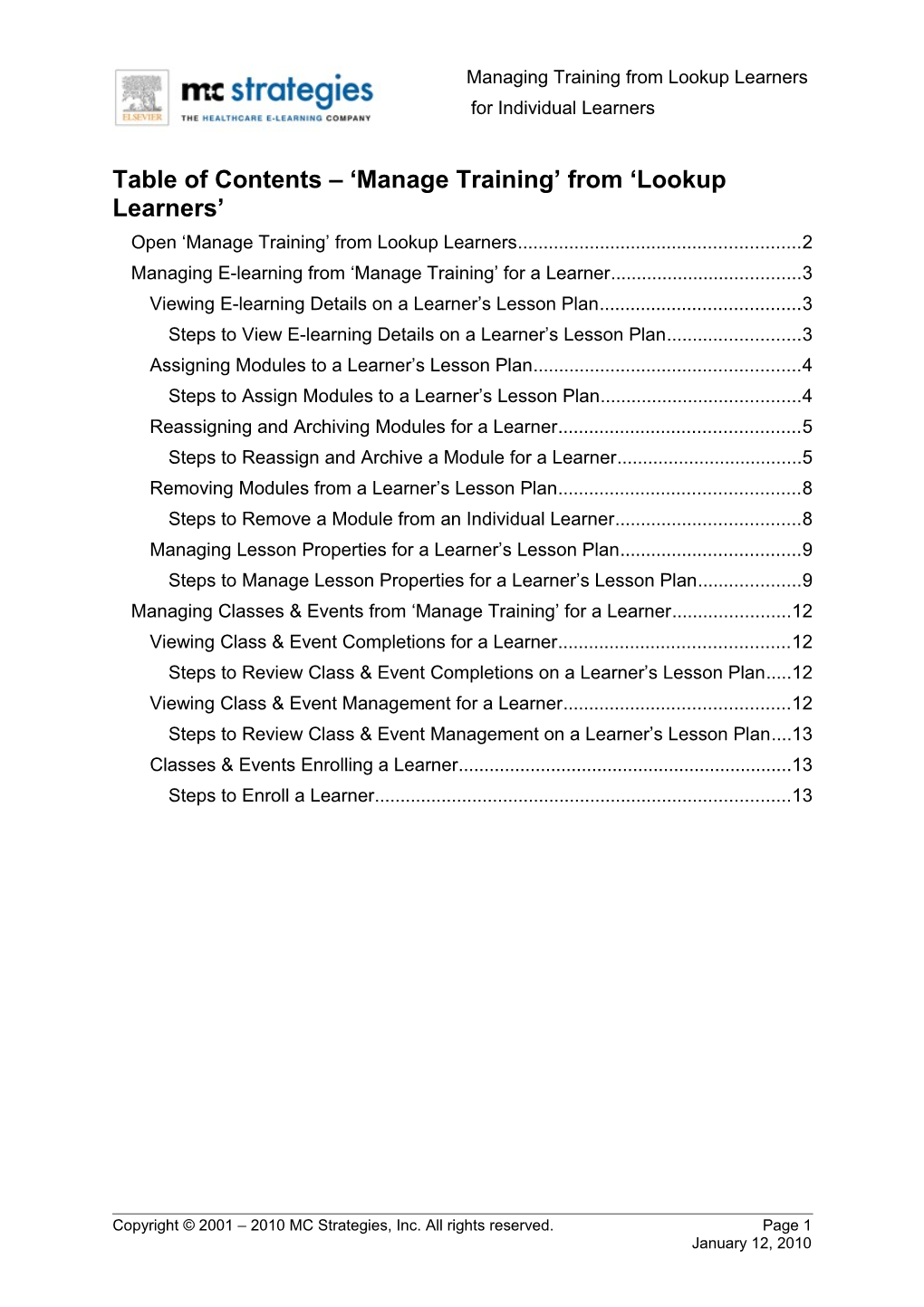 Table of Contents Manage Training from Lookup Learners