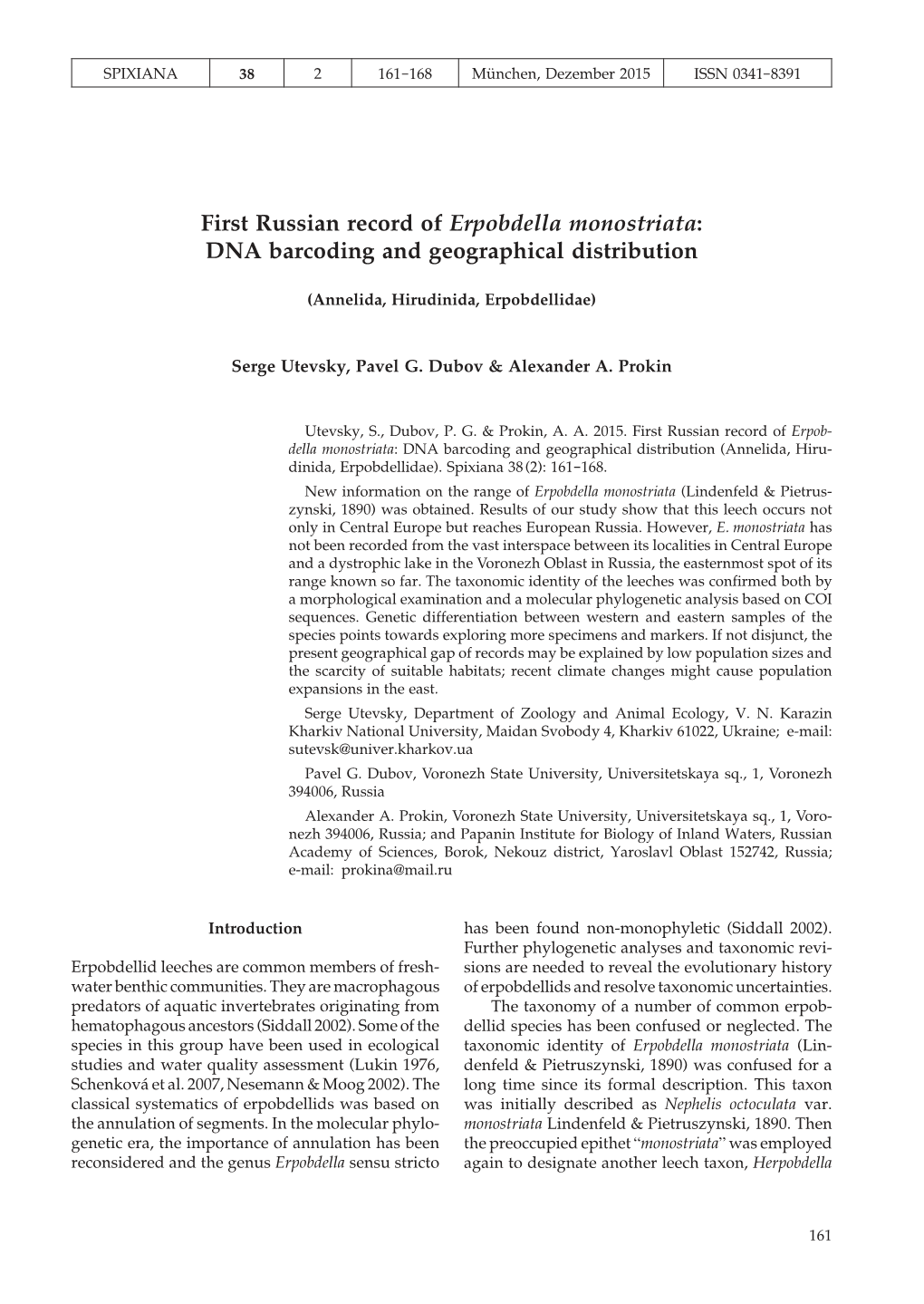 First Russian Record of Erpobdella Monostriata: DNA Barcoding and Geographical Distribution