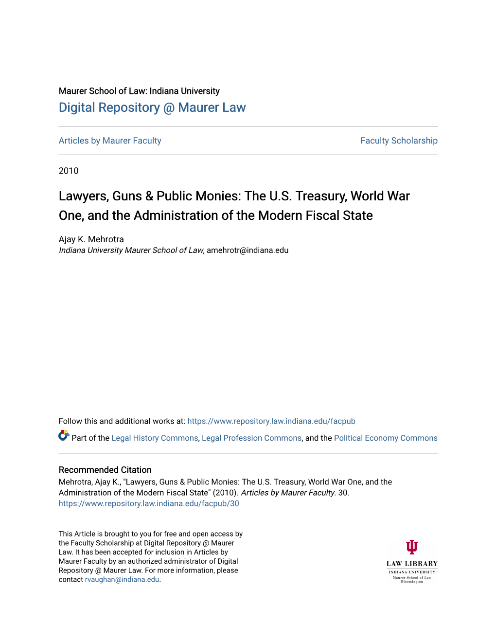 Lawyers, Guns & Public Monies: the U.S. Treasury, World War One, And