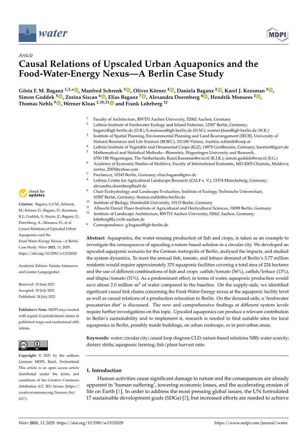Causal Relations of Upscaled Urban Aquaponics and the Food-Water-Energy Nexus—A Berlin Case Study