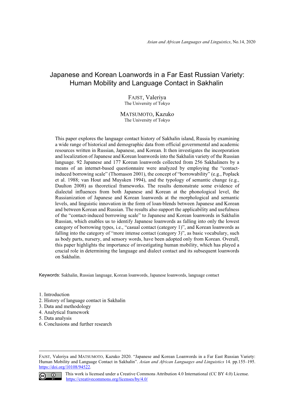 Japanese and Korean Loanwords in a Far East Russian Variety: Human Mobility and Language Contact in Sakhalin