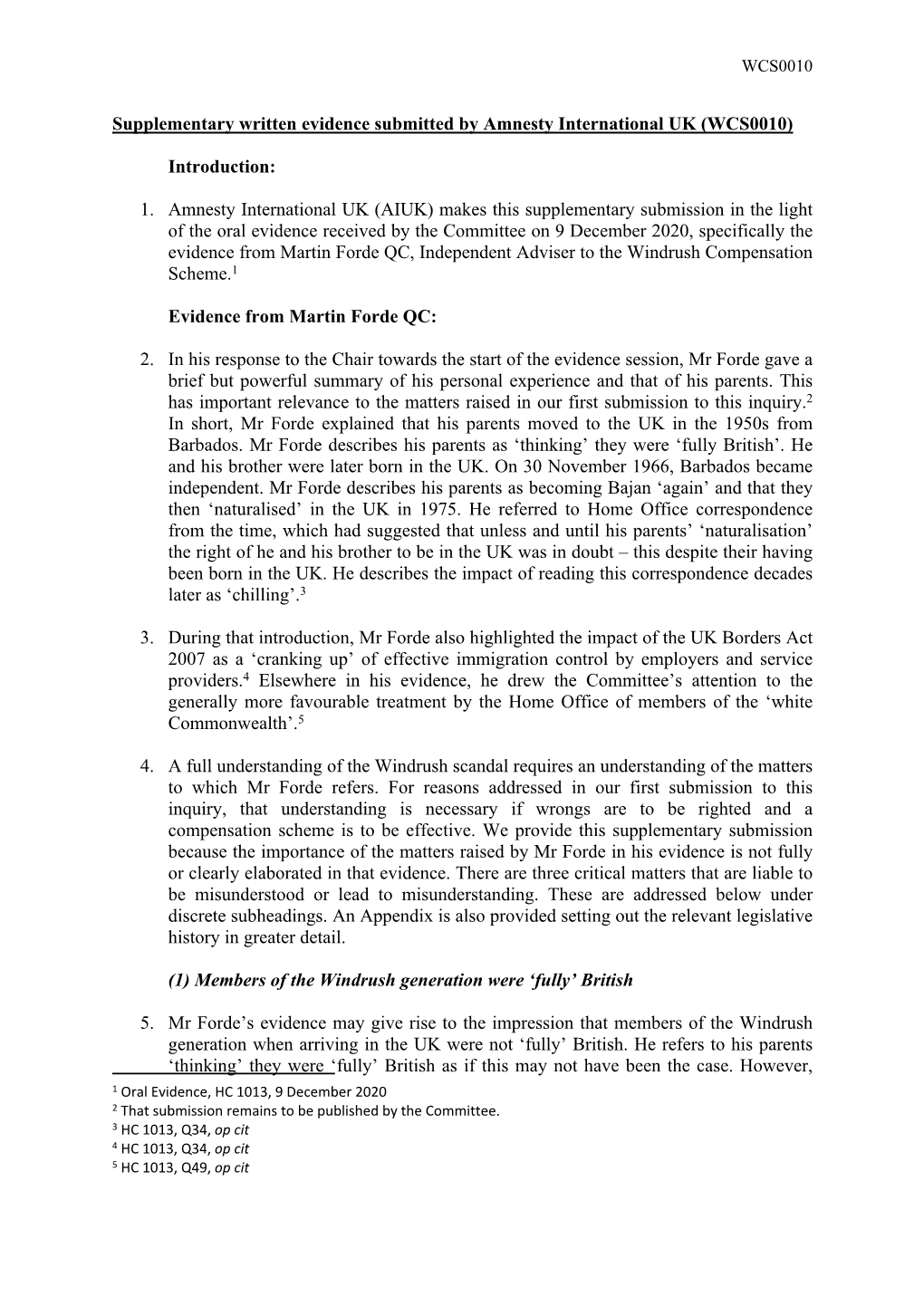 Supplementary Written Evidence Submitted by Amnesty International UK (WCS0010)