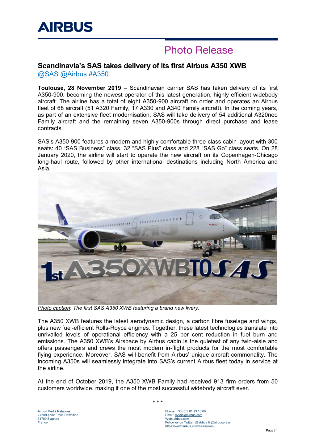 Scandinavia's SAS Takes Delivery of Its First Airbus A350