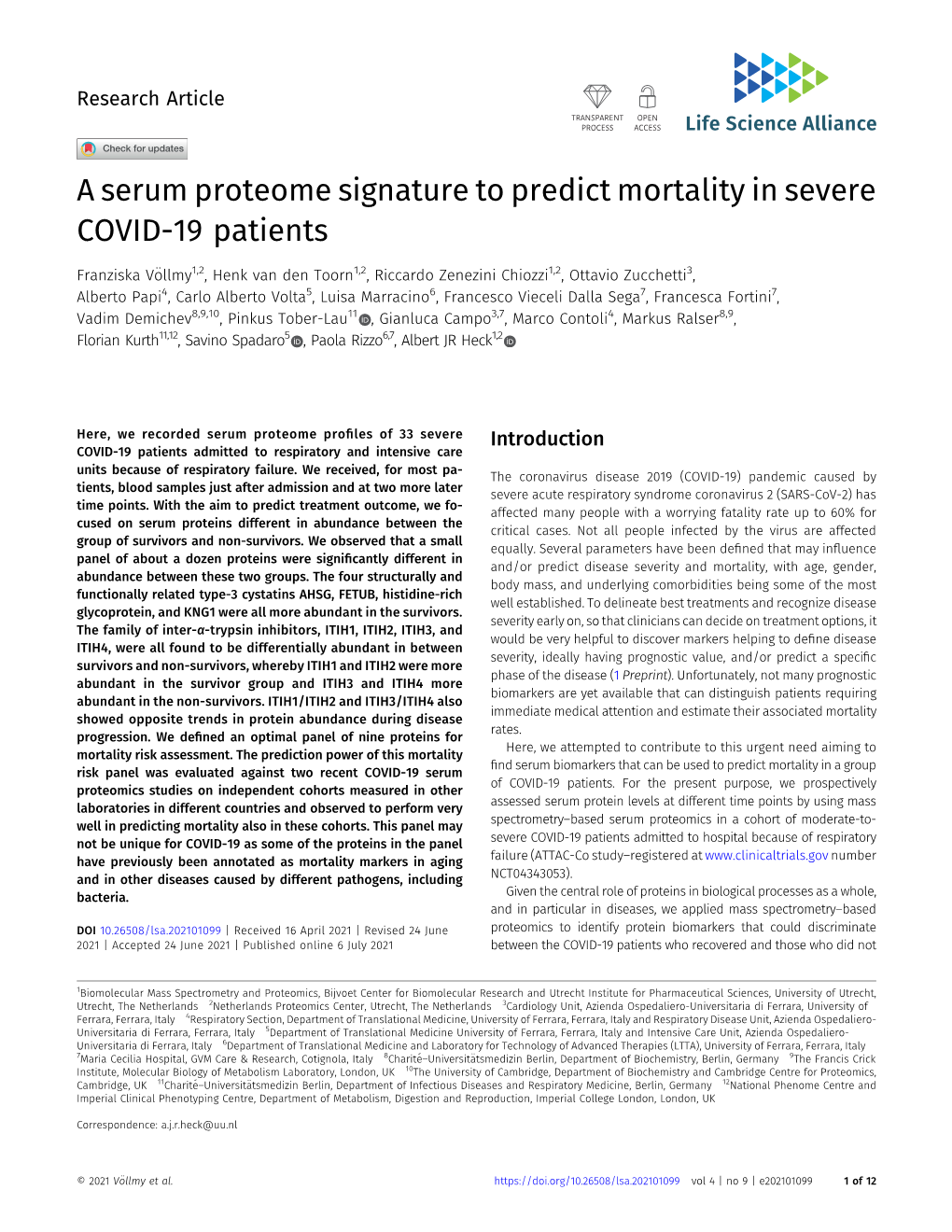 A Serum Proteome Signature to Predict Mortality in Severe COVID-19 Patients