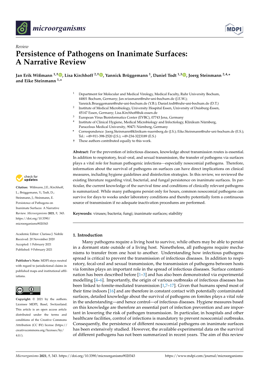 Persistence of Pathogens on Inanimate Surfaces: a Narrative Review