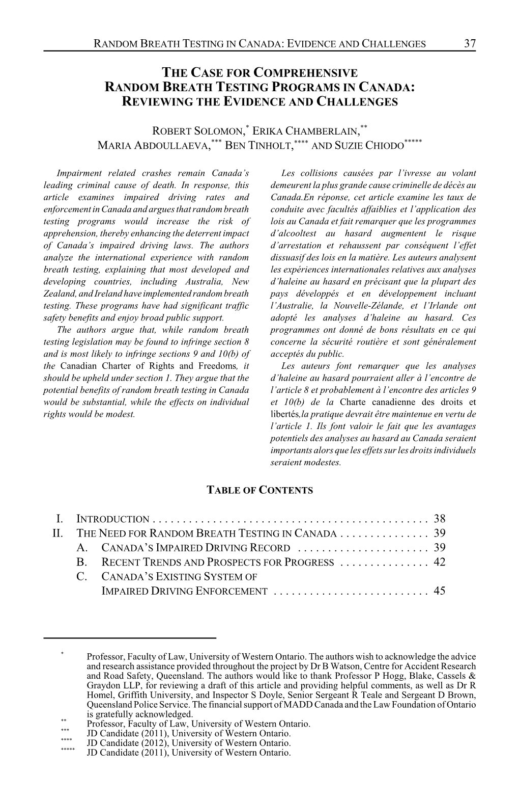 The Case for Comprehensive Random Breath Testing Programs in Canada: Reviewing the Evidence and Challenges