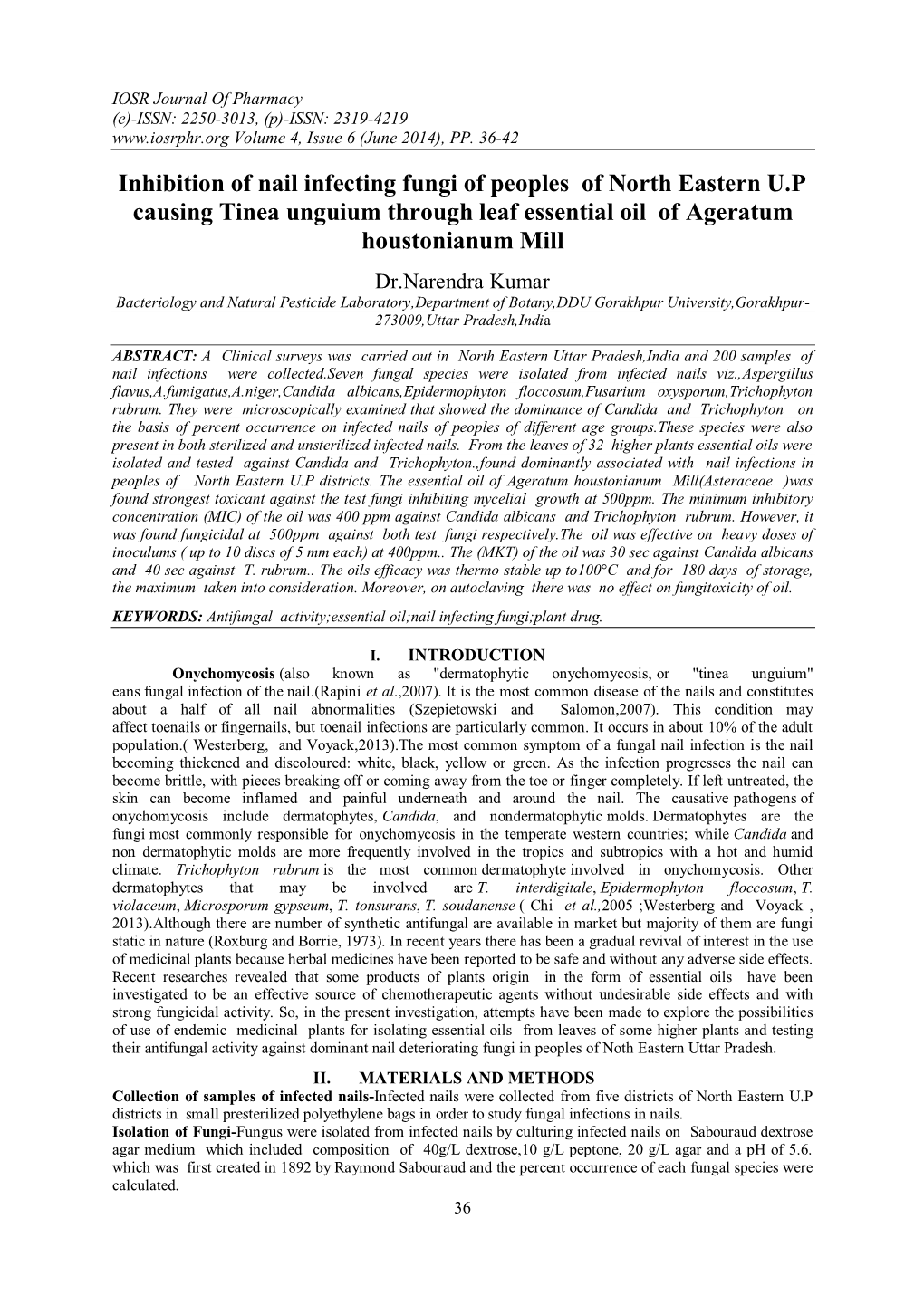 Inhibition of Nail Infecting Fungi of Peoples of North Eastern U.P Causing Tinea Unguium Through Leaf Essential Oil of Ageratum Houstonianum Mill