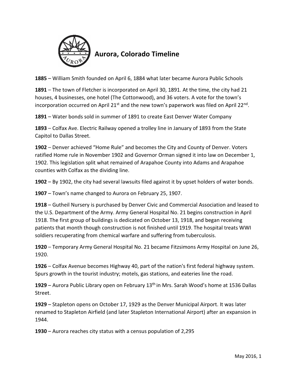 Aurora, Colorado Timeline